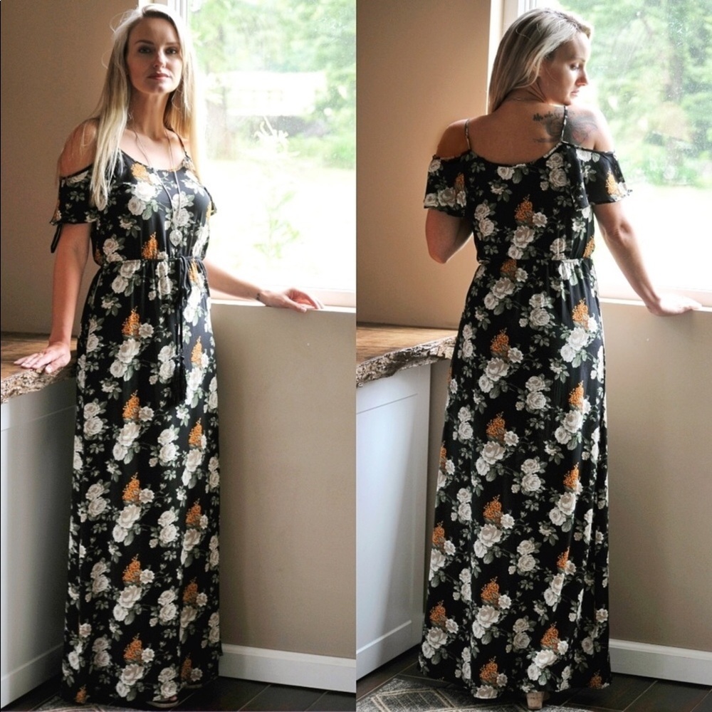 Black floral off the shoulder maxi dress